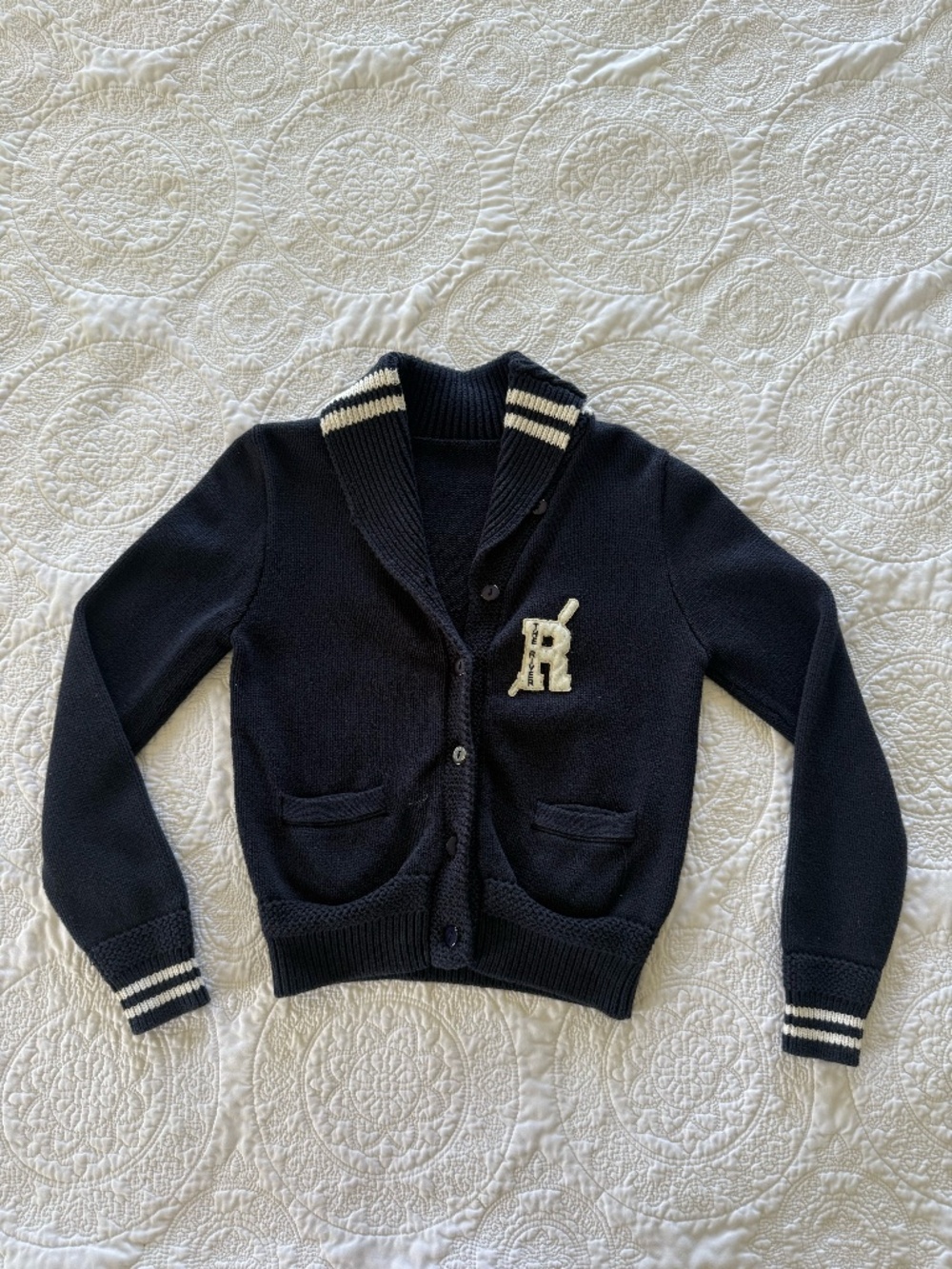 The River Navy Blue 100% Cotton Cardigan Sweater Size Small Varsity Collar